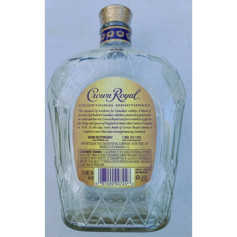 Crown Royal Fine De Luxe Blended Canadian Whisky‎ Empty 1L Glass Bottle with Cap